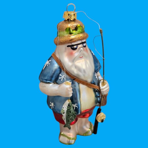 Vacation Hippie Flip Flop Fishing Rod Tiki Santa Claus 5" Blown Glass Ornament - Picture 4 of 12
